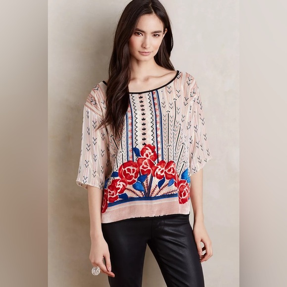 MOULINETTE SOEURS x ANTHROPOLOGIE NWOT High Peasant Posey Top in Red Rouge Motif - Picture 1 of 8